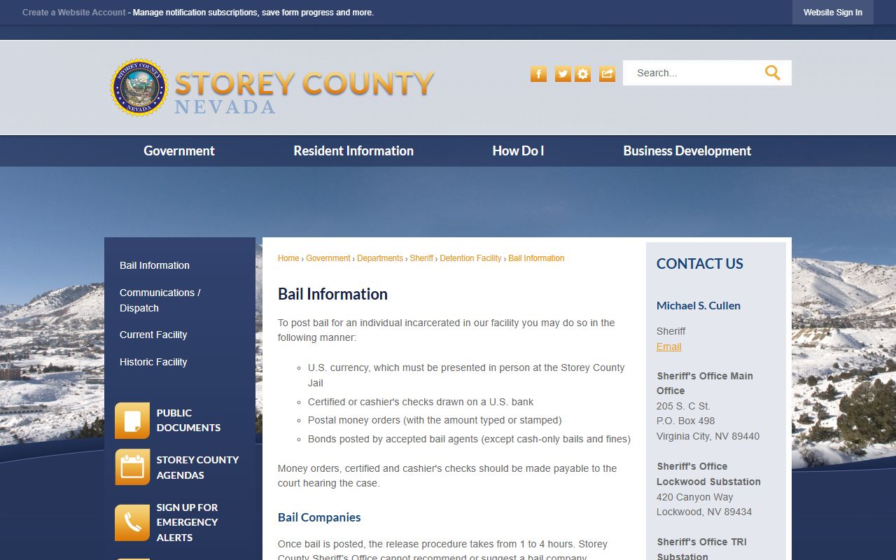 Storey County inmate records bail information screenshot