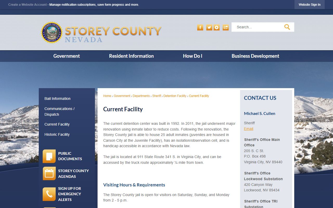 Storey County Detention Center inmate lookup current facility screenshot
