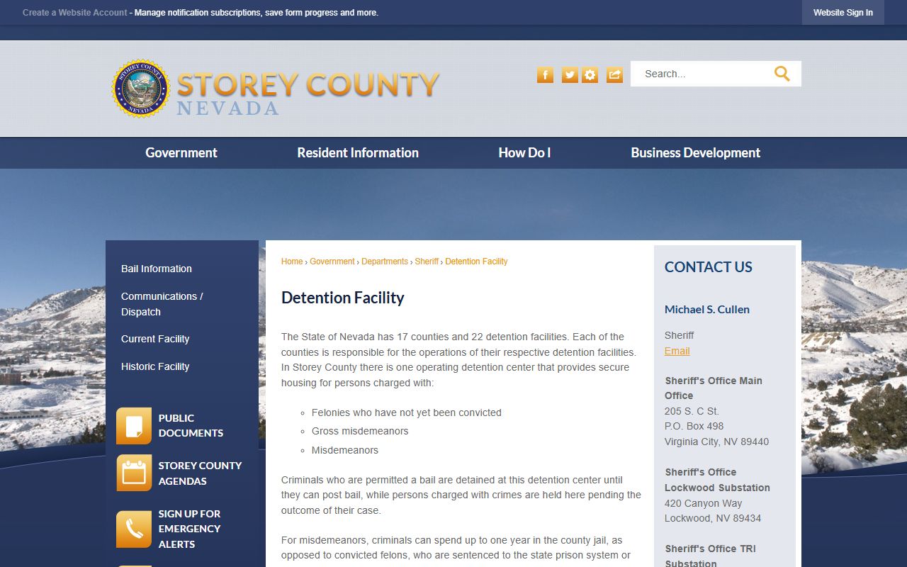 Storey County inmate population detention facility overview screenshot