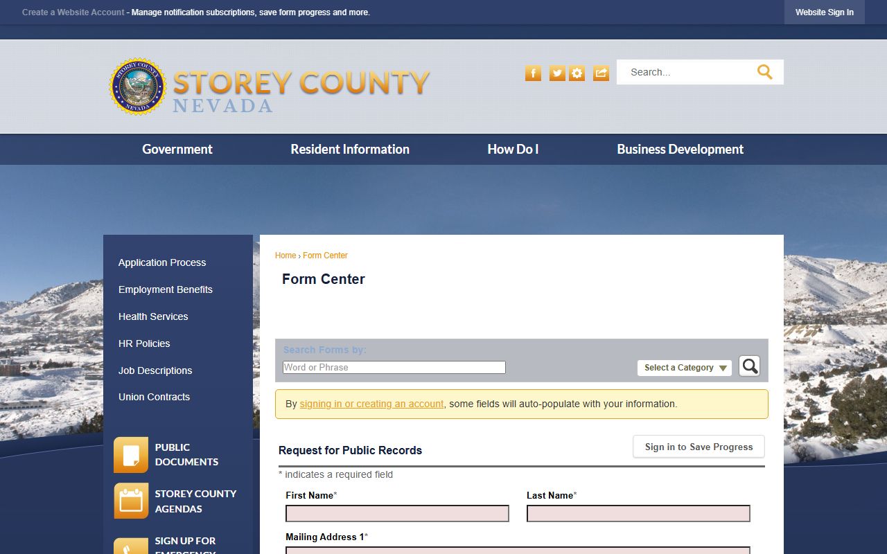 Storey County booking photos public records request form screenshot