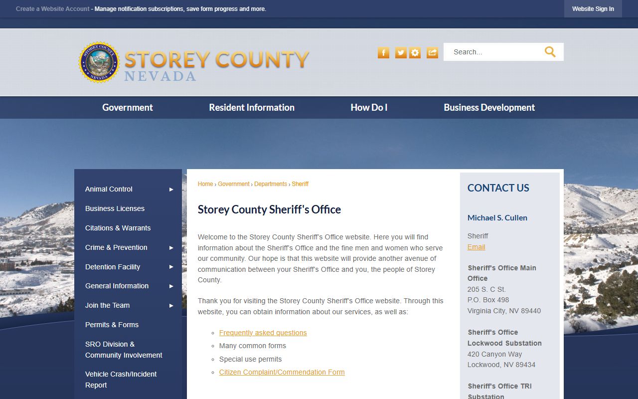 Storey County inmate records sheriff office detention phone screenshot